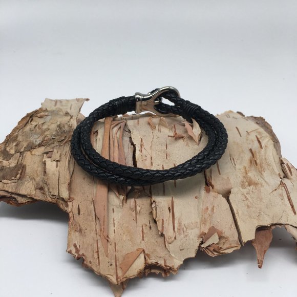 Black Leather Woven Bracelet with Silver Loop Clasp - Picture 2 of 4